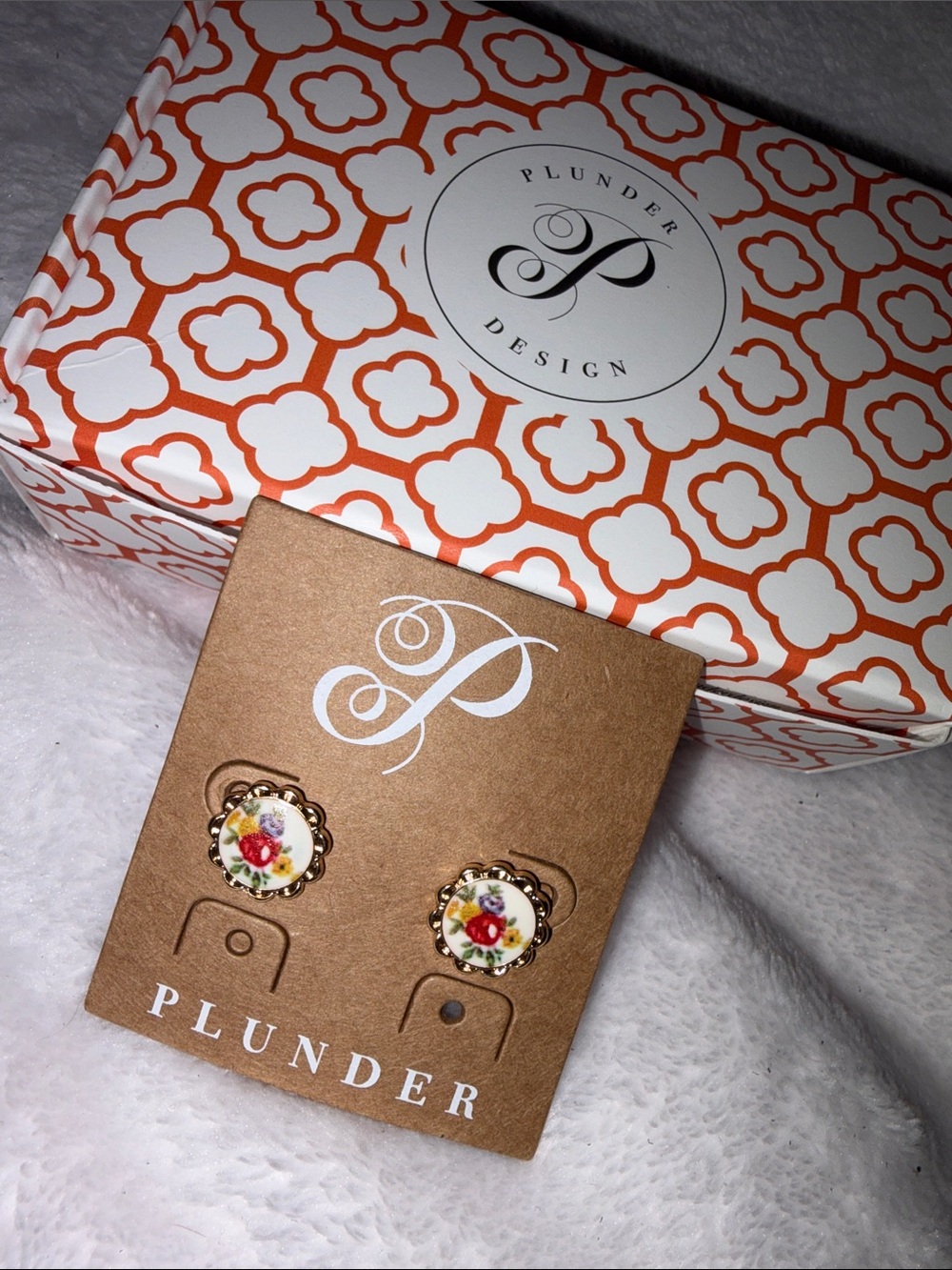 Plunder Floral Porcelain Gold-Tone Stud Earrings - White with Multicolor Floral